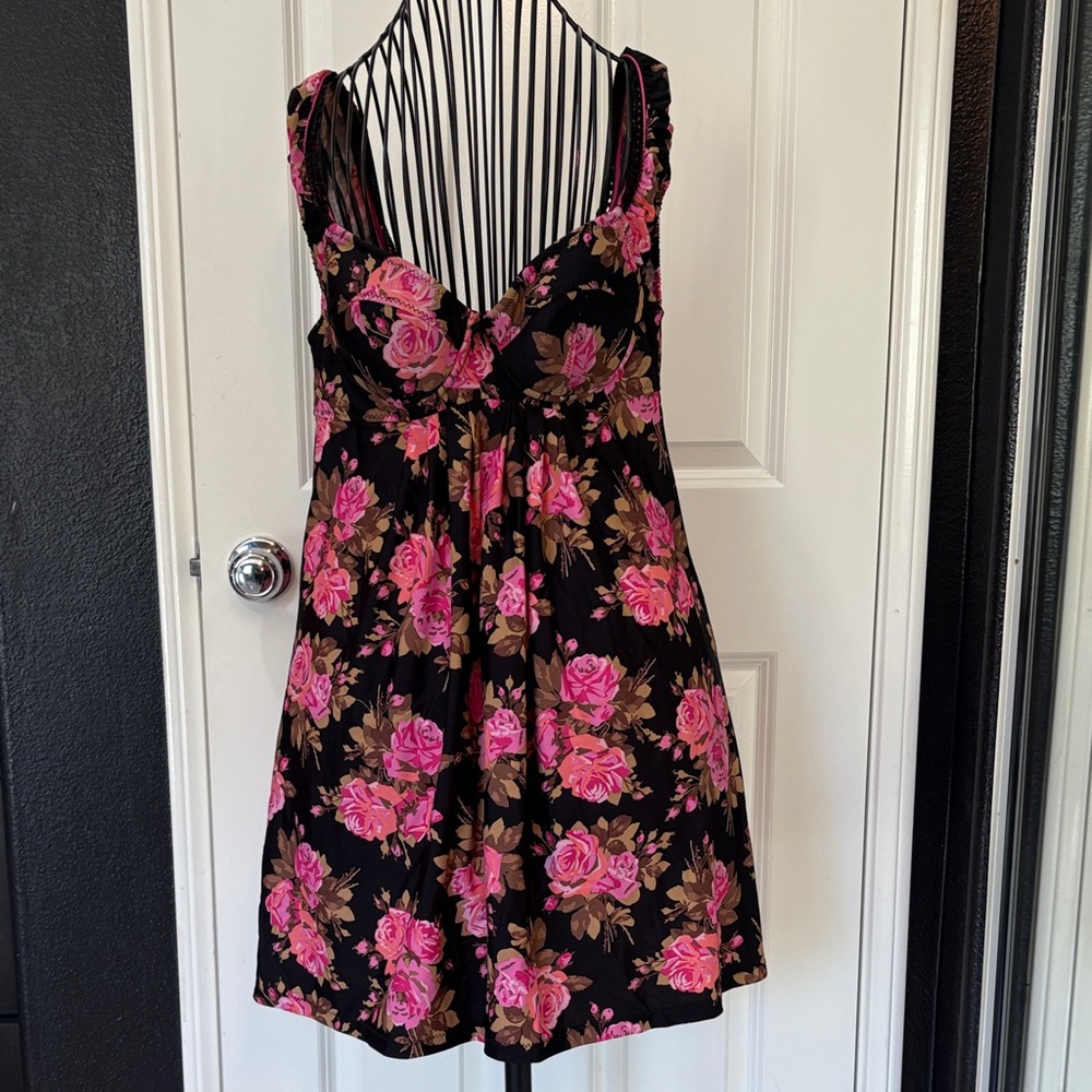 Y2K Betsey Johnson Pink and Black Floral Swimwear dress babydoll